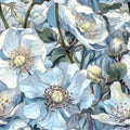Watercolor seamless pattern with helleborus in blue soft neutral tones. Floral texture for fabrics, textile and background.