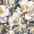 Watercolor seamless pattern with helleborus in white soft neutral tones. Floral texture for fabrics, textile and background.