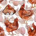 Watercolor seamless pattern with hens, chickens and eggs. Farm, rural background with poultry and baskets with eggs. Organic eggs Royalty Free Stock Photo