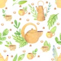 Watercolor seamless pattern with herbal tea and plants