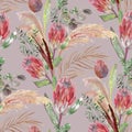 Watercolor seamless pattern with a herbarium of protea flowers and tropical palm leaves