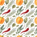 Watercolor seamless pattern of herbs and vegetable. Royalty Free Stock Photo