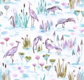 Watercolor seamless pattern with herons, cattails and water lily. Swamp flora and fauna. Painting in sketch expressive style Royalty Free Stock Photo