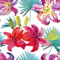 Watercolor seamless pattern with hibiscus flowers and exotic leaves on white background Royalty Free Stock Photo