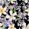 Watercolor seamless pattern with hibiscus flowers and lavender. Royalty Free Stock Photo