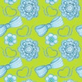 Watercolor Seamless pattern Hobby Crochet heart, bow, flower on green background. Collection of hand drawn light blue Royalty Free Stock Photo