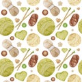 Watercolor Seamless pattern Hobby Knitting. Collection of hand drawn green, beige, brown colors elements of knitting Royalty Free Stock Photo