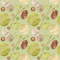 Watercolor Seamless pattern Hobby Knitting. Collection of hand drawn green, beige, brown colors elements of knitting Royalty Free Stock Photo