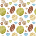 Watercolor Seamless pattern Hobby Knitting. Collection of hand drawn light blue, green, beige, brown colors elements of