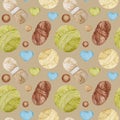 Watercolor Seamless pattern Hobby Knitting. Collection of hand drawn light blue, green, beige, brown colors elements of
