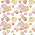 Watercolor Seamless pattern Hobby Knitting. Collection of hand drawn pink, yellow, beige, brown colors elements of Royalty Free Stock Photo