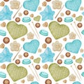 Watercolor Seamless pattern Hobby Knitting and Crocheting. Collection of hand drawn light blue, green, beige, brown Royalty Free Stock Photo