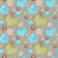 Watercolor Seamless pattern Hobby Knitting and Crocheting. Collection of hand drawn light blue, green, beige, brown Royalty Free Stock Photo