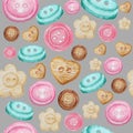 Collection of hand drawn buttons on gray background. Watercolor Seamless pattern Hobby Knitting, Crocheting and Sewing.