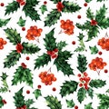 Watercolor seamless pattern with holly leaves and rowan berries.