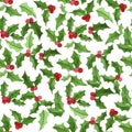 Watercolor seamless pattern with holly on a white background. simple christmas new year print with red berries and green leaves. Royalty Free Stock Photo