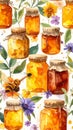Watercolor seamless pattern with honey jars, bees, and wildflowers on a white background Royalty Free Stock Photo