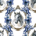 Watercolor seamless pattern horses with antique frame. Designed for decorating furniture, surfaces, walls, interiors Royalty Free Stock Photo