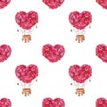 Watercolor Seamless pattern with hot air balloon and heart of flowers Royalty Free Stock Photo
