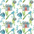 Watercolor seamless pattern with house, couple of birds, nest and small blue flowers. Royalty Free Stock Photo