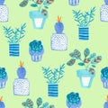 Watercolor seamless pattern with house plants in pots Royalty Free Stock Photo