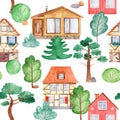 Watercolor seamless pattern with houses, trees, pines.