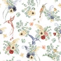 Watercolor seamless pattern with hummingbirds, anemone flowers, eucalyptus and monstera leaves. Hand drawn illustration