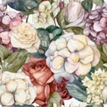 Watercolor seamless pattern with hydrangea and roses flowers. Repetition background for textile fabric or gift wrap Royalty Free Stock Photo