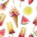 Watercolor seamless pattern with ice cream and fruits. Hand painted illustration watermelon, lemon and strawberry
