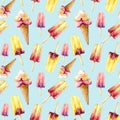 Watercolor seamless pattern with ice cream. Hand painted illustration fruit ice and popsicle with waffle cone isolated Royalty Free Stock Photo