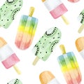 Watercolor seamless pattern ice cream. Summer party colorful dessert