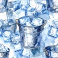 Watercolor seamless pattern with ice cubes and metal buckets on a white background Royalty Free Stock Photo