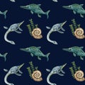 Watercolor seamless pattern with ichthyosaurs, underwater dinosaurs, plesiosaurs, ammonites on dark blue background Royalty Free Stock Photo
