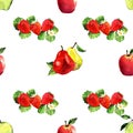 Watercolor and seamless pattern illustration with apples pears and strawberries Royalty Free Stock Photo