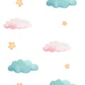 Watercolor seamless pattern with illustration of delicate pink and turquoise clouds and yellow stars. Handmade Royalty Free Stock Photo