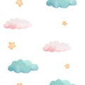 Watercolor seamless pattern with illustration of delicate pink and turquoise clouds and yellow stars. Handmade, isolated. For Royalty Free Stock Photo