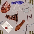 Watercolor seamless pattern illustration with different magic and wizard objects on grey background. Royalty Free Stock Photo