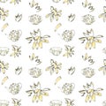 Watercolor seamless pattern illustration of elegant utensil and daisy motif elements in muted yellow color on white background Royalty Free Stock Photo
