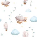 Watercolor seamless pattern with illustration of flying vehicles and travel attributes. Airship, retro plane, hot air Royalty Free Stock Photo