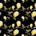 Watercolor seamless pattern with illustration of yellow magnolia branch on black background