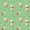Watercolor seamless pattern with illustrations of coffee cup, coffee beans, coffee grinder, cappuccino, latte Royalty Free Stock Photo