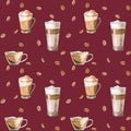 Watercolor seamless pattern with illustrations of coffee cup, coffee beans, coffee grinder, cappuccino, latte Royalty Free Stock Photo