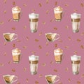 Watercolor seamless pattern with illustrations of coffee cup, coffee beans, coffee grinder, cappuccino, latte Royalty Free Stock Photo