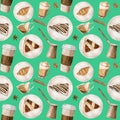 Watercolor seamless pattern with illustrations of coffee cup, coffee beans, coffee grinder, cappuccino, latte and Royalty Free Stock Photo