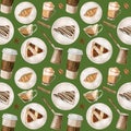 Watercolor seamless pattern with illustrations of coffee cup, coffee beans, coffee grinder, cappuccino, latte and Royalty Free Stock Photo