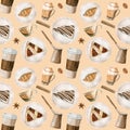 Watercolor seamless pattern with illustrations of coffee cup, coffee beans, coffee grinder, cappuccino, latte and Royalty Free Stock Photo