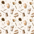 Watercolor seamless pattern with illustrations of coffee cup, coffee beans, coffee grinder, cappuccino, latte and Royalty Free Stock Photo