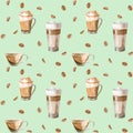 Watercolor seamless pattern with illustrations of coffee cup, coffee beans, coffee grinder, cappuccino, latte Royalty Free Stock Photo