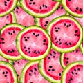 Watercolor seamless pattern with the image of a watermelon. Juicy pulp and seeds for print design, banner, poster, cover,