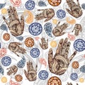 Watercolor seamless pattern on Indian theme, turkish cucumber in red and orange colors with human hands, palms with a pattern of m